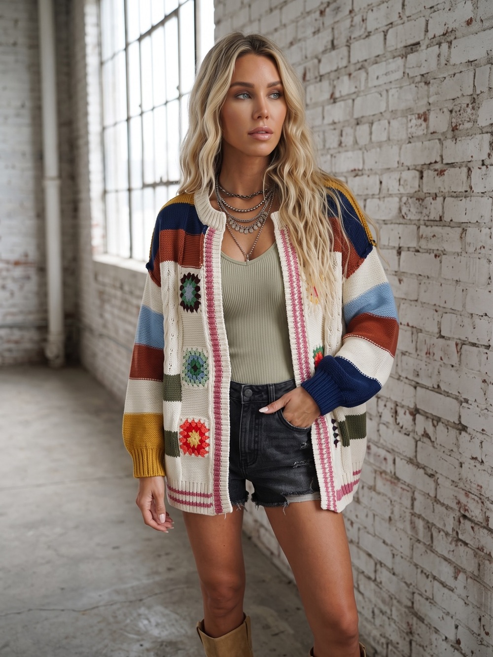 NWT POL Granny Tile Crochet Handmade Stripe Chenille Cardigan Sweater